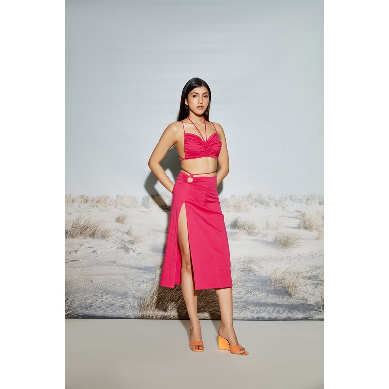 Gathered Crop Top & O-Ring Midi Skirt Set XS 24 Pink