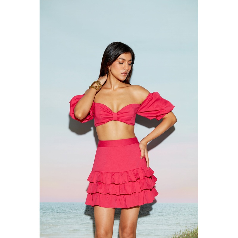 Off shoulder bow top and Frill Mini skirt Set XS 24 Pink