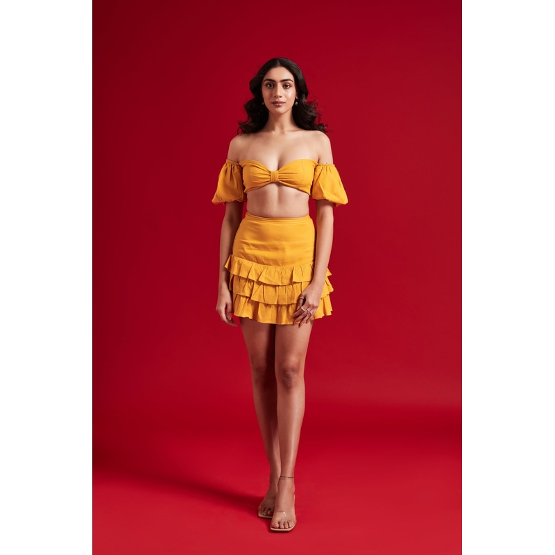 Off shoulder Bow Top and Mini Frill Skirt Set XS 24 Yellow