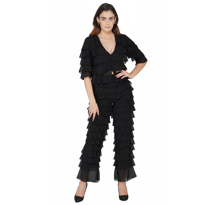 Ruffled Crop Top and Pant Set XS 24 Black