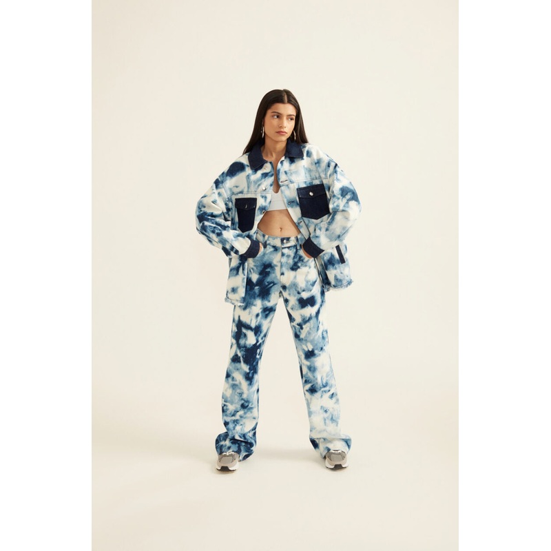 Tie & Dye Effect Oversized Jacket and Jeans Set XS 24 Blue