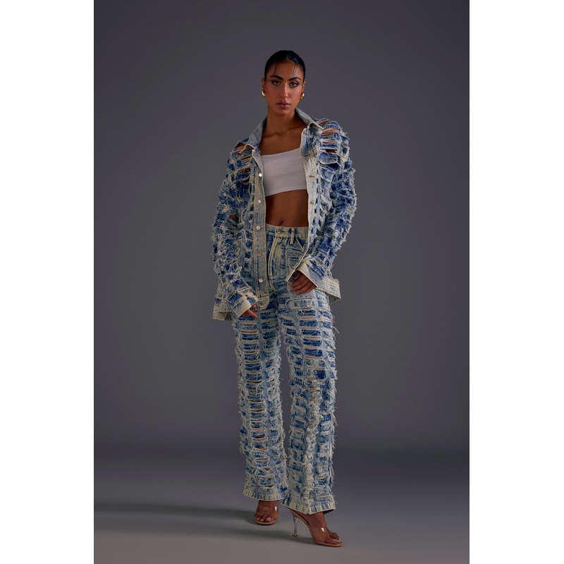 Blue Distressed Denim Jacket and Jeans Set XS 24 Blue