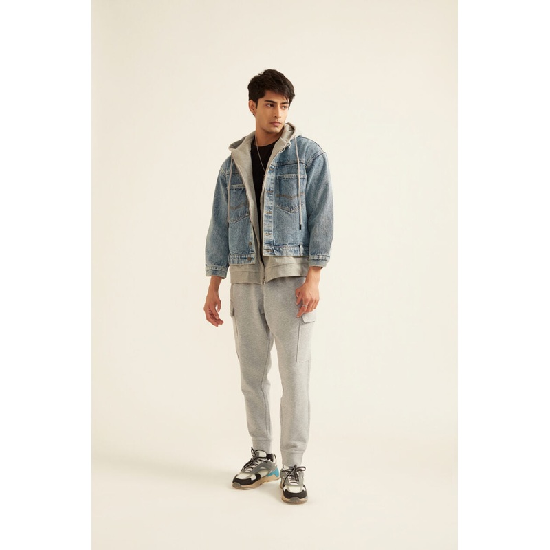 Denim Jacket with Grey Hoodie XS Blue