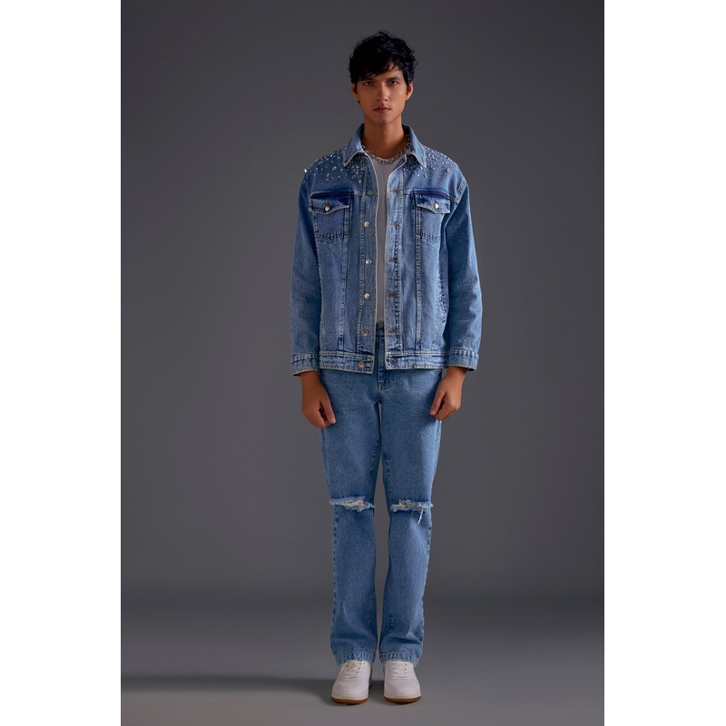Embellished Denim Jacket and Knee-cut Jeans Set XS 26 Blue