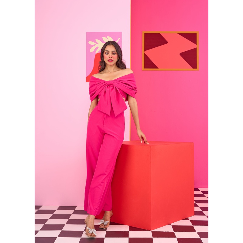 Emily in Paris: Pink Bow Top and Trouser Set XS 24 Pink