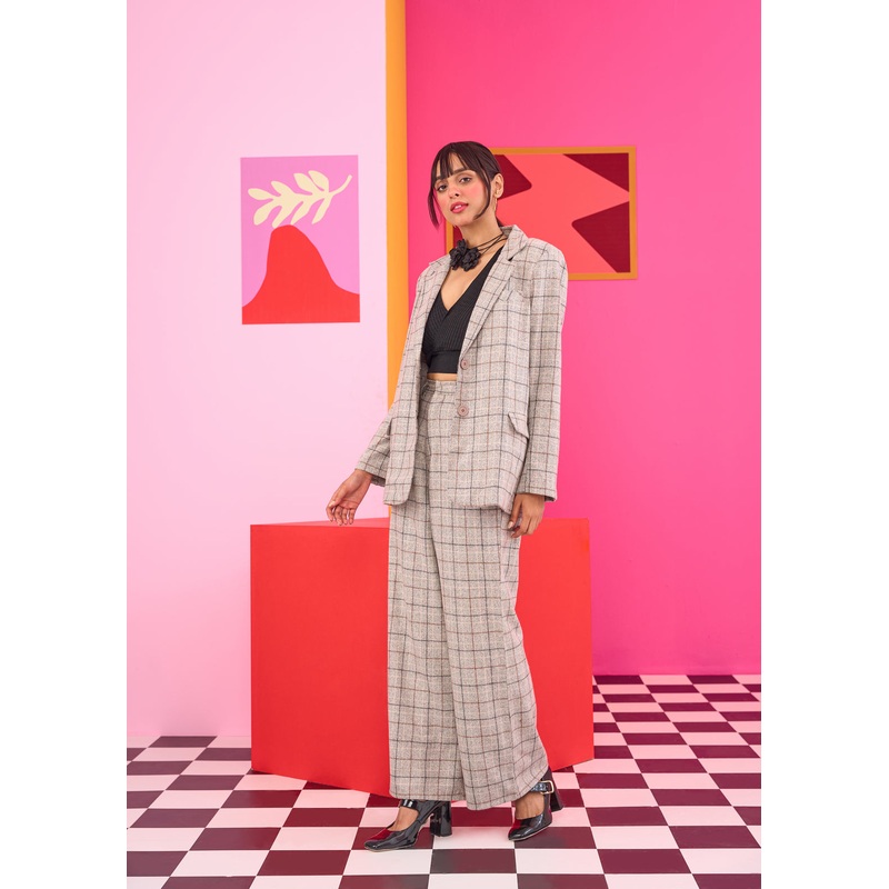 Emily in Paris: Plaid Woollen Blazer and Trouser Set XS/S 24 Beige