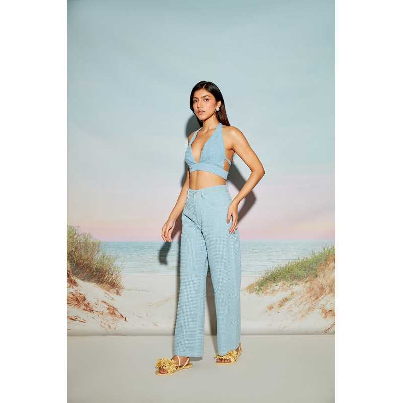 Engineered Distress Denim Top and Jeans Set XS 24 Blue