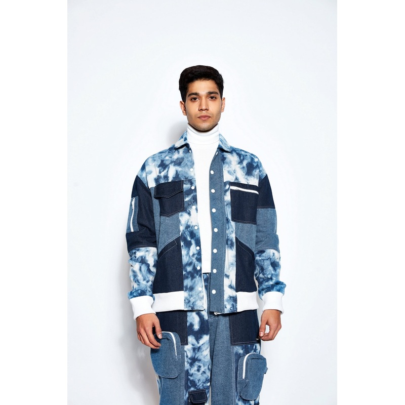 Patchwork Denim Bomber Jacket and Jeans Set XS 24 Blue