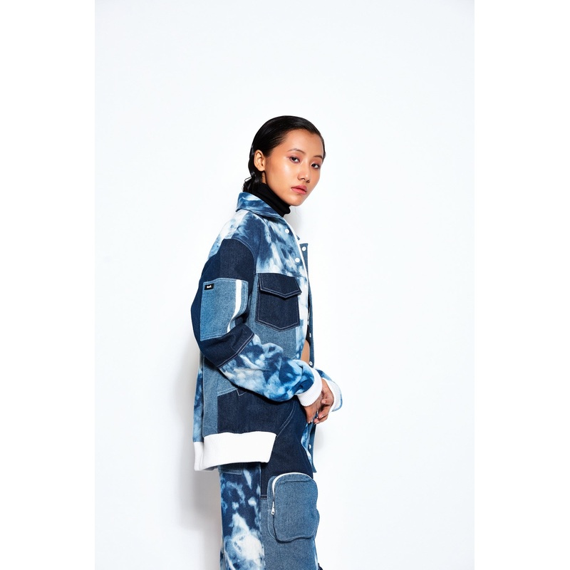 Patchwork Denim Bomber Jacket and Pant Set XS 24 Blue