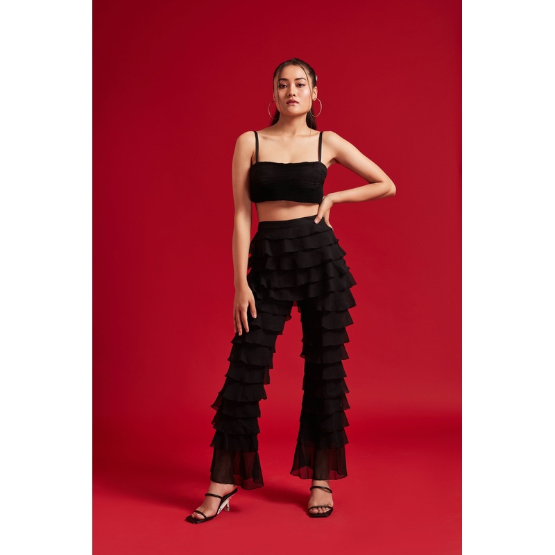 Pleated Top and Ruffles Pant Set XS 24 Black