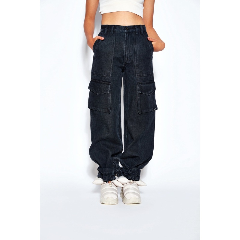90s Baggy Denim Cargo Jeans- Black 24 Black