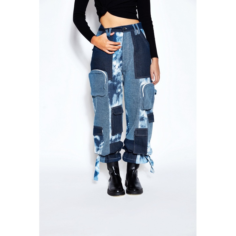 Patchwork Denim Cargo Pants 24 Blue