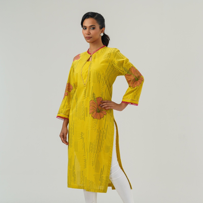 Womens Mustard Embroidered Kurti S MUSTARD