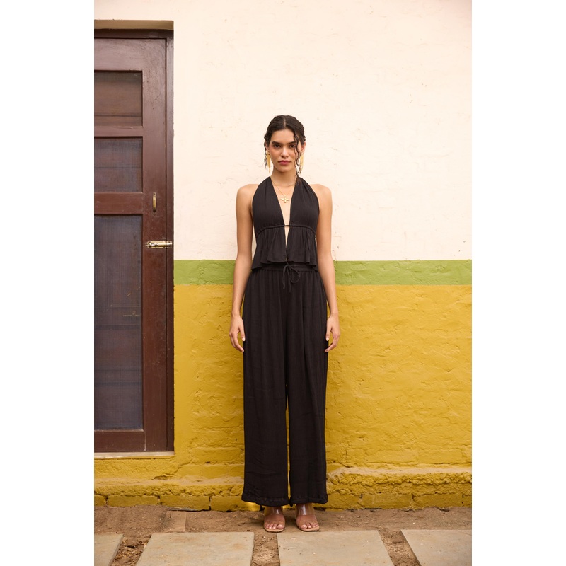 Black Halter Neck Top and Straight Trouser Set Black XS 24