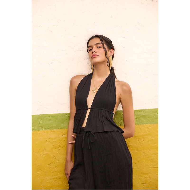 Black Halter Tie-up Neck Top Black XS