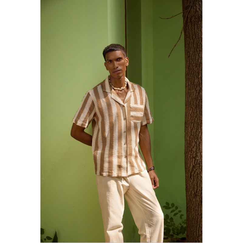 Brown Stripe Half Sleeves Shirt Brown XS