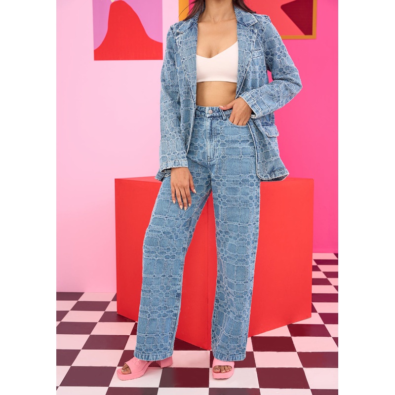 Emily in Paris: Distressed Plaid Denim Blazer and Jeans Set XS/S 24 Blue