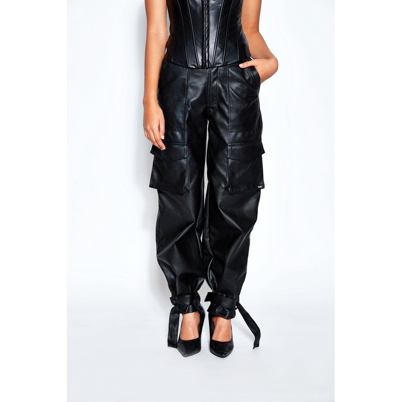 Faux Leather Cargo Pants 24 Black