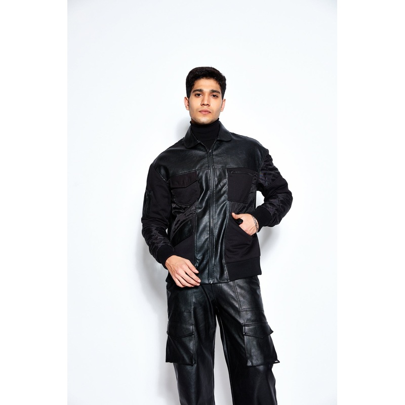 Patchwork Leather Bomber Jacket and Pant Set XS 24 Black