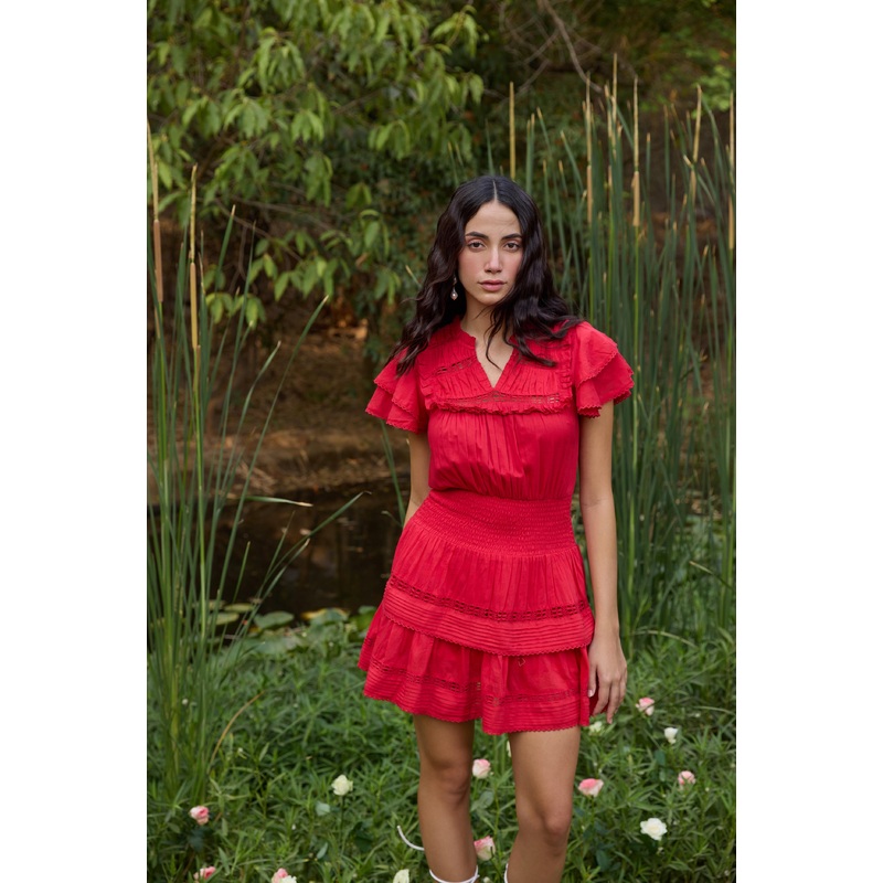 Red Smocked-Waist Mini Dress Red XS