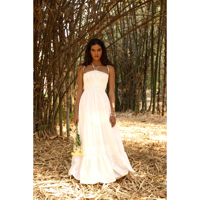 White Gathered Maxi Dress White XS