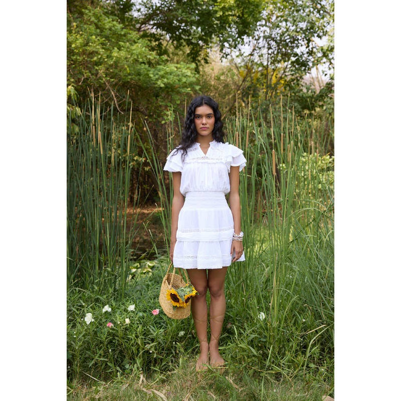 White Smocked-Waist Mini Dress White XS