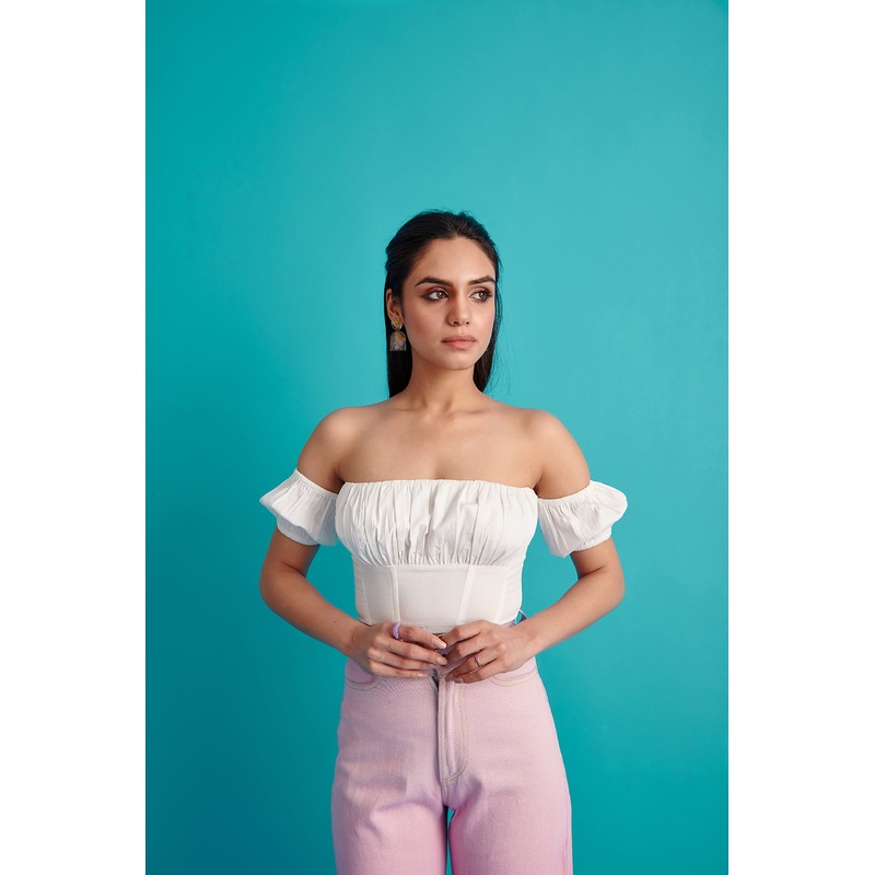 Corsetry Inspired Gathered Panelled Top XS White