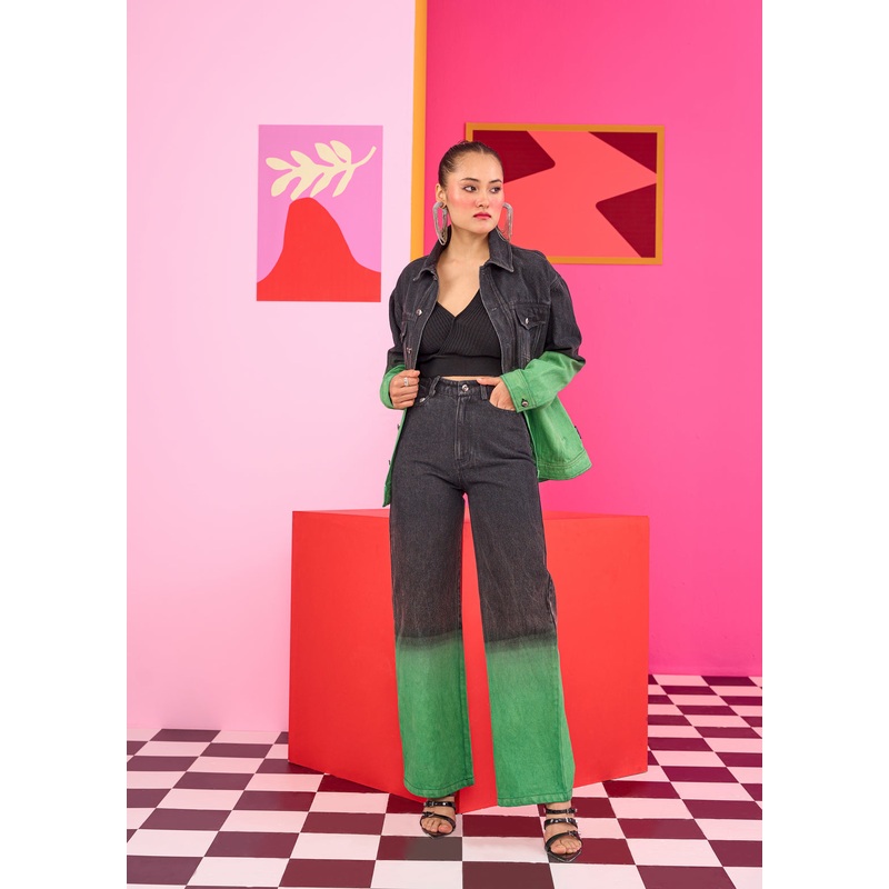 Emily in Paris: Black Green Ombre Jacket and Jeans Set XS 24