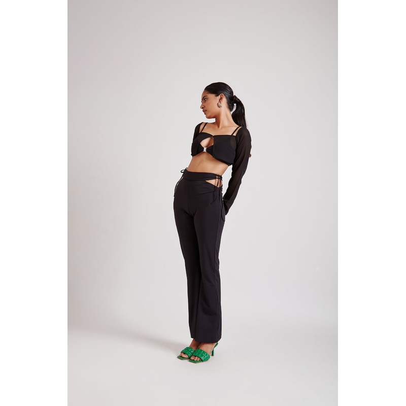 Metal Buckle Bralette Top with Sheer Overlay Top XS Black