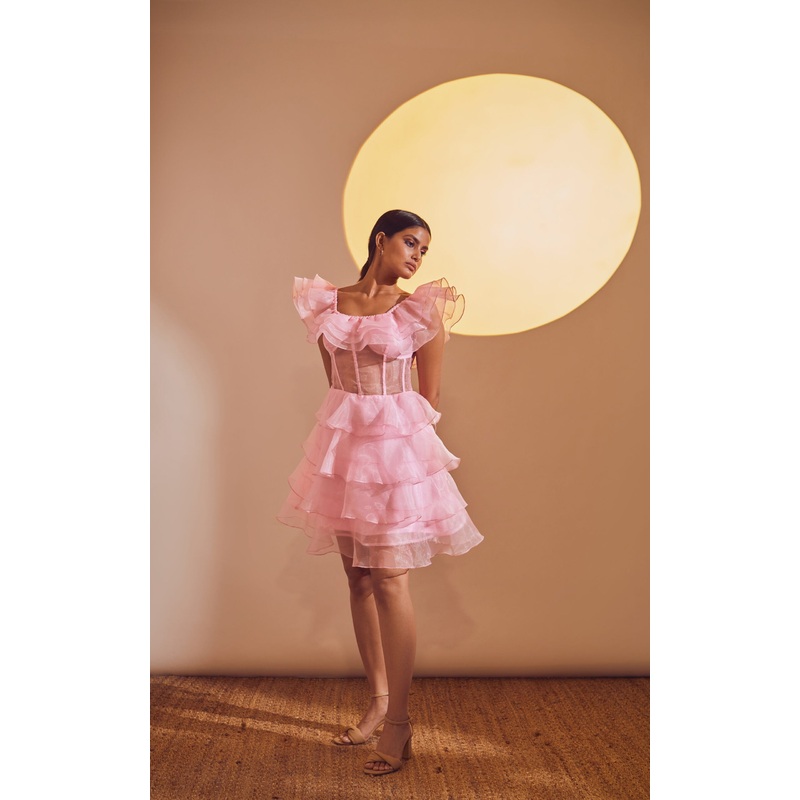 Off-Shoulder Ruffled Corset Dress XS Pink