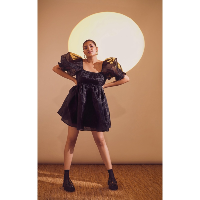 Puff-Sleeve Short Dress XS Black