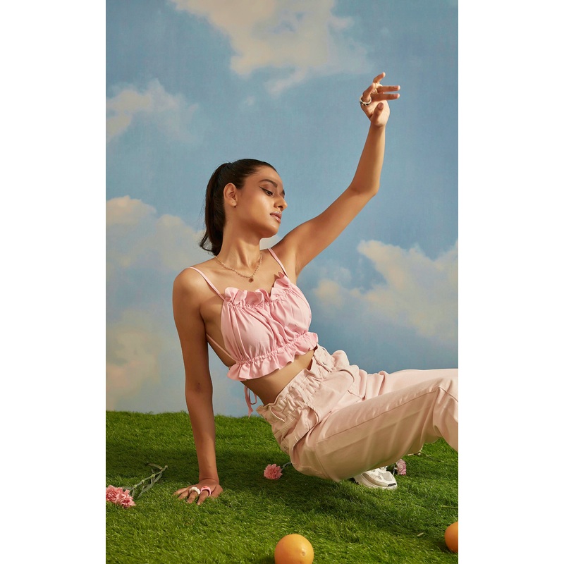 Ruched Backless Top With Noodle Straps XS Pink