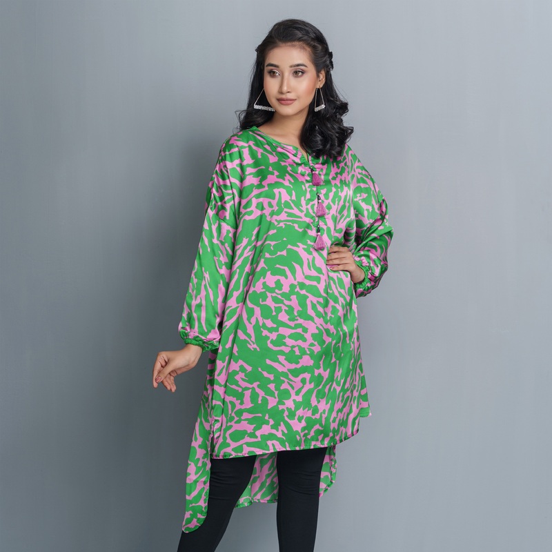 Women Green & Pink Printed Kurti L PINK PRINT