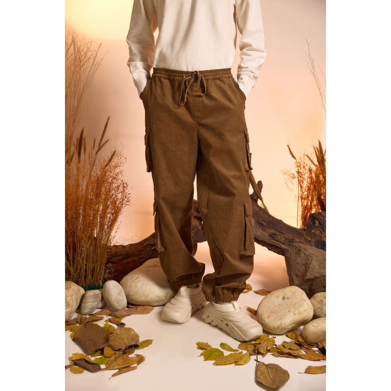 Corduroy Cargo Jogger Pant-Light Brown-Men 26 Brown
