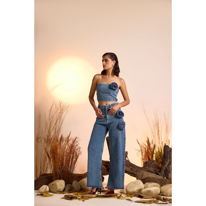 Corsage Detail Denim Corset Top & Jeans Set XS 24 Blue