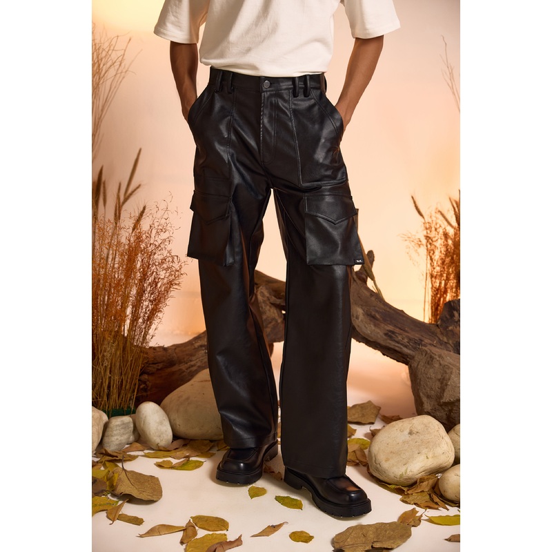 Straight Fit Faux Leather Cargo Pant-Black-Men 26 Black