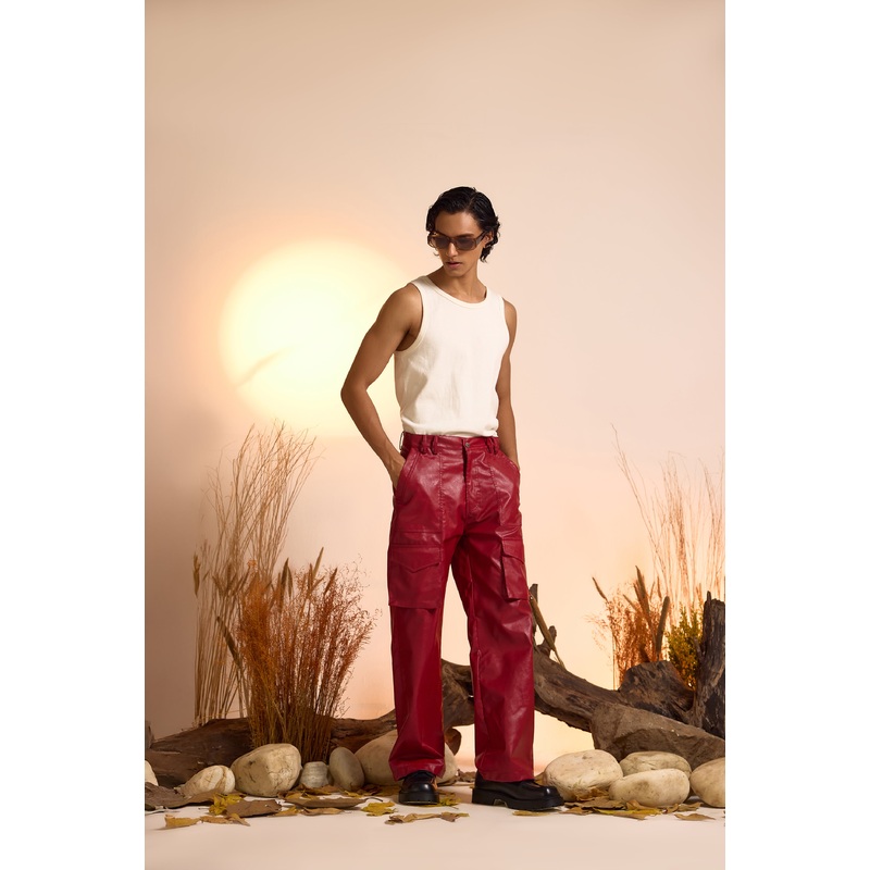 Straight Fit Faux Leather Cargo Pant-Cherry Red-Men 26 Red