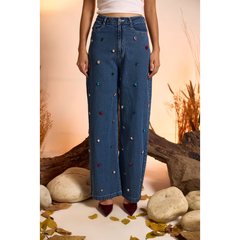Crystal Studded Denim Jeans 24 Blue