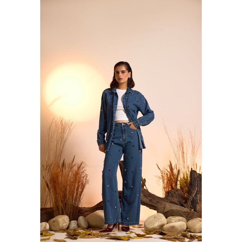 Crystal Studded Denim Shirt & Jeans Set XS 24 Blue