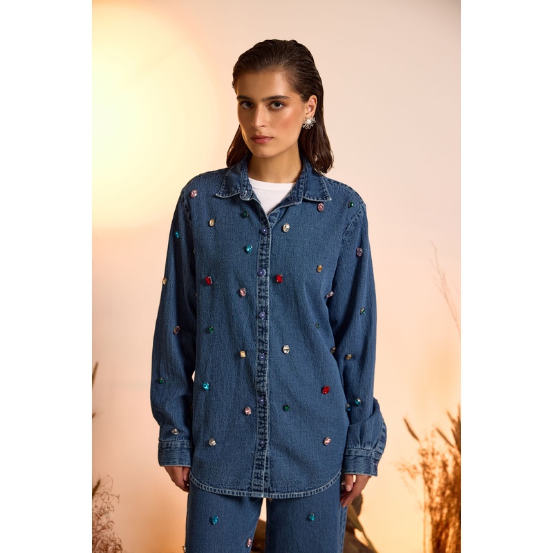 Crystal Studded Denim Shirt XS Blue