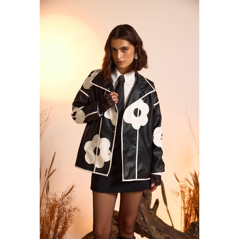 Flower Applique Faux Leather Jacket XS/S Black