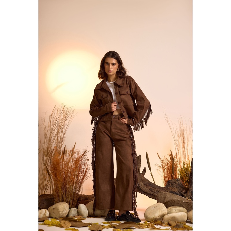 Fringe-Detailed Jacket & Straight Fit Pant Set XS 24 Brown