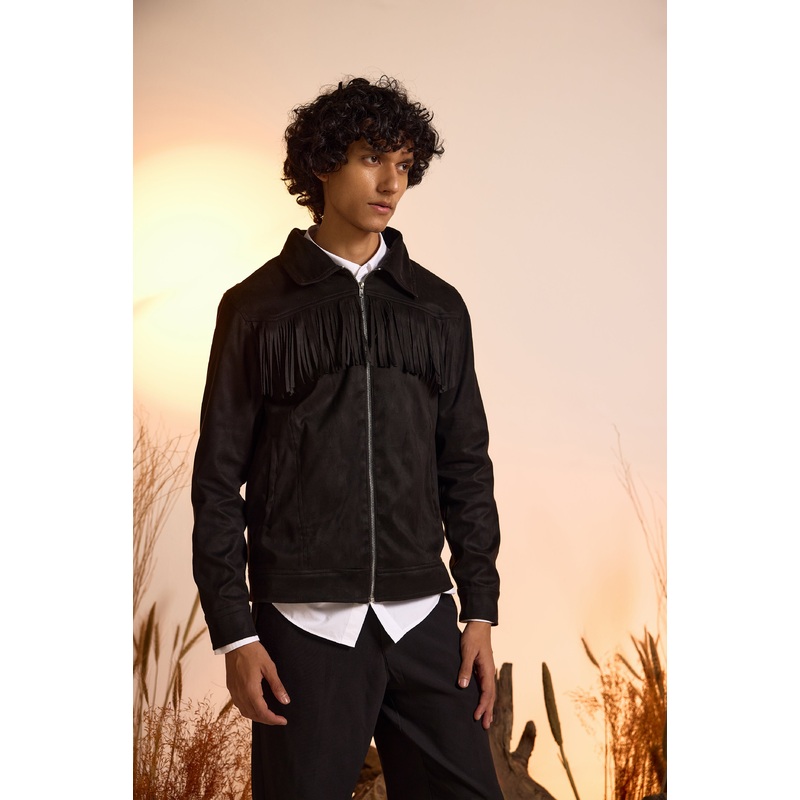 Fringe Relaxed Fit Suede Jacket-Black-Men XS Black