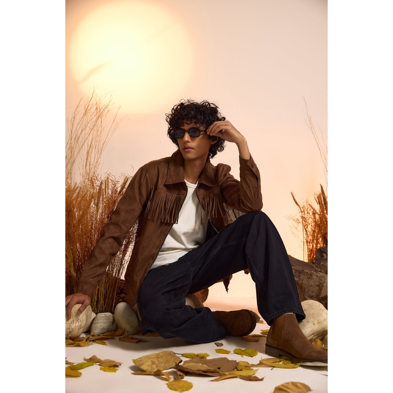Fringe Relaxed Fit Suede Jacket-Brown-Men XS Brown