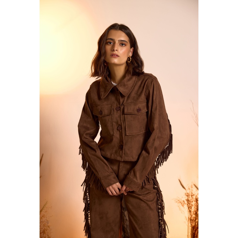 Fringe Relaxed Fit Suede Jacket XS Brown
