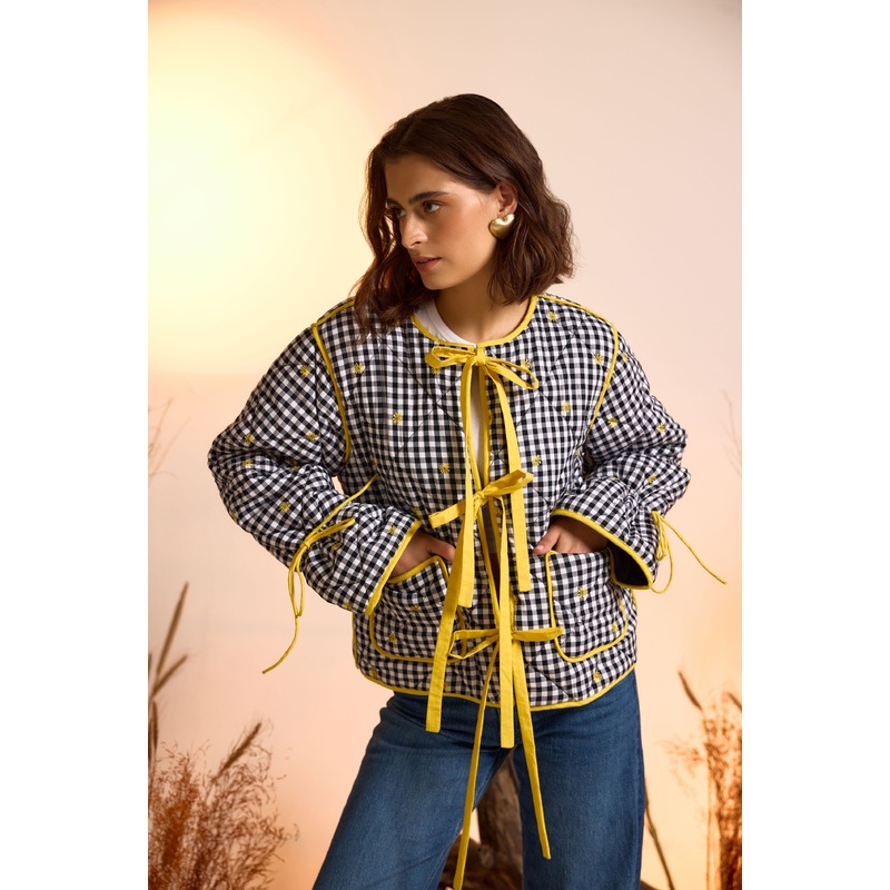 Reversible Check Quilted Jacket XS/S Black