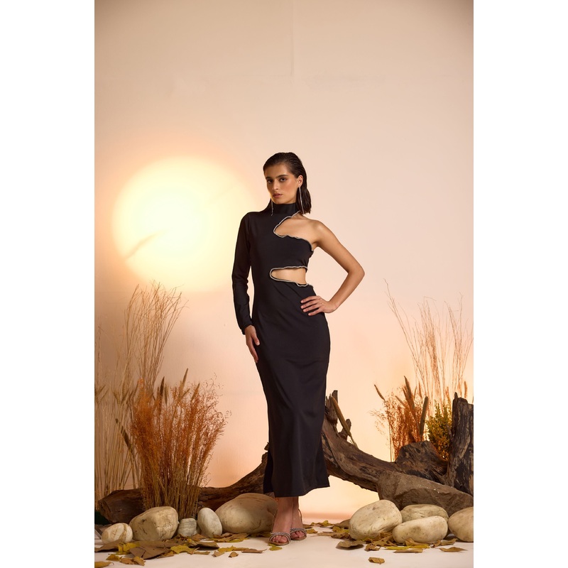 Rhinestone Detailed Cut-out Maxi Dress XS Black