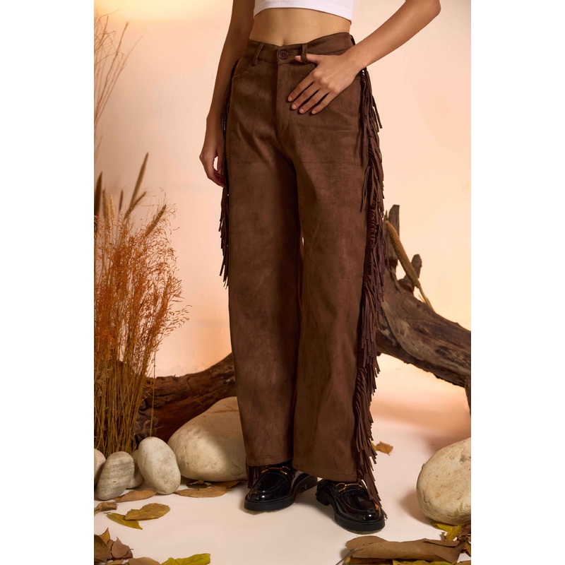 Side Fringe Straight Fit Suede Pant 24 Brown