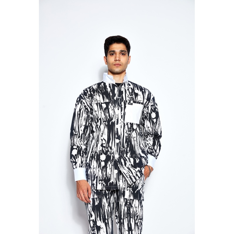 Abstract Print Twill Shacket- White XS White