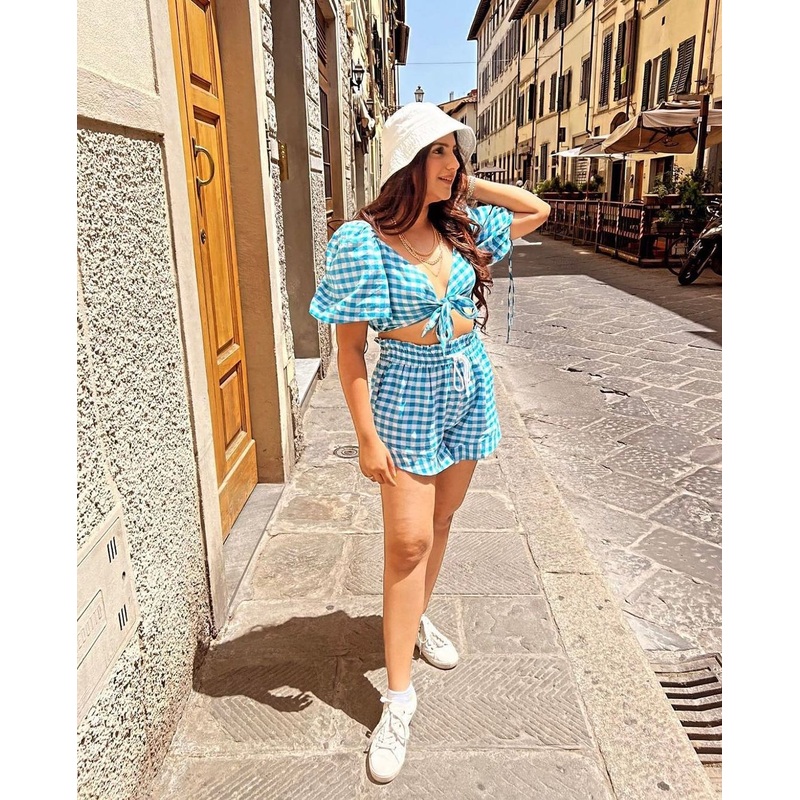 Blue Checkered Front Tie Up Top XS Blue